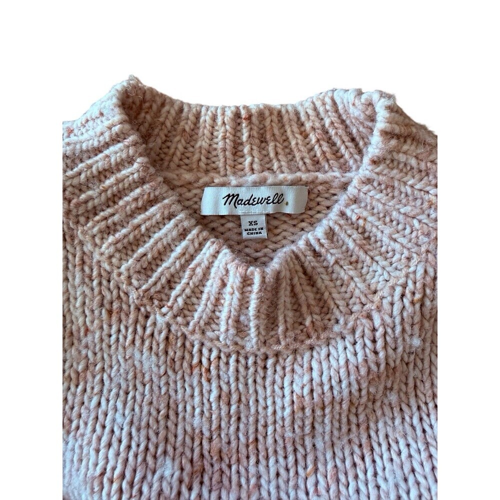 Madewell Pink Cream Speckled Puff Sleeve Sweater XS Mock Neck Chunky Knit - Picture 3 of 7